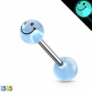 ברבל ישר ללשון עם כדורי אקריל סמיילי זוהרים ללשון